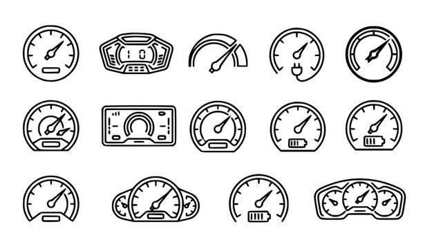 Car Speedometer and Dashboard Gauge Line Icon Set Featuring Analog Odometers, Digital Speed Displays, Tachometers, and Electric Vehicle Battery Level Indicators
