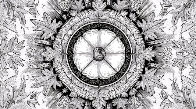 Circular clock face with roman numerals and ornate decorative border