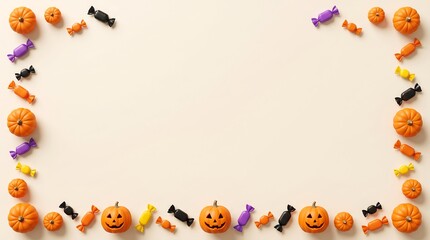 Fototapeta premium Halloween background with a border of small pumpkins and colorful candies on white surface