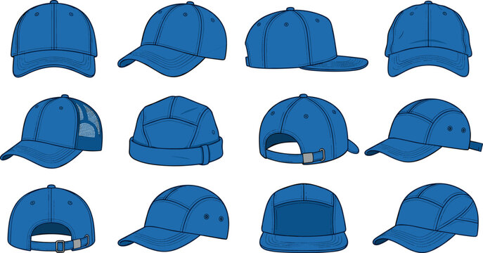 Blue Baseball Cap Mockup Vector Icon Set with Front Side and Back Views for Fashion Apparel Tech Pack Designs
