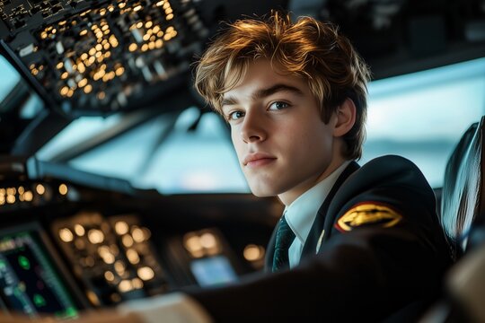 Young Male Pilot in Cockpit Preparing for Flight, Aviation Career and Training Success
