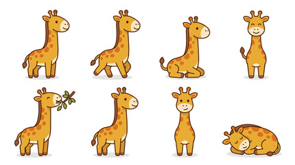 Obraz premium Cute giraffe character set vector with various poses like standing sitting walking sleeping and eating leaves isolated on white background