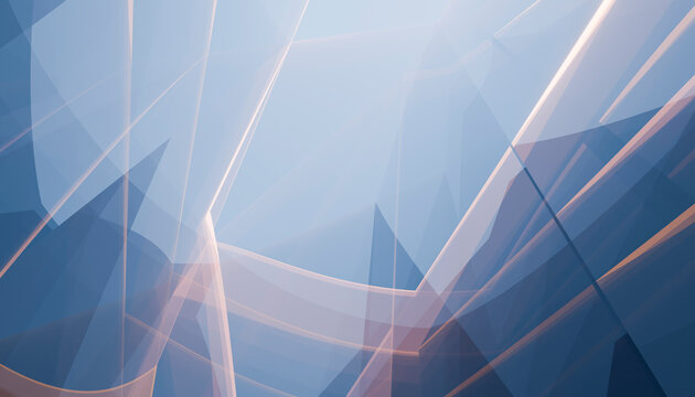 Abstract translucent blue geometric shapes create a modern digital