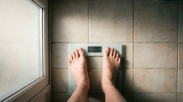 Bare feet standing on a digital bathroom scale for weight measurement and health tracking