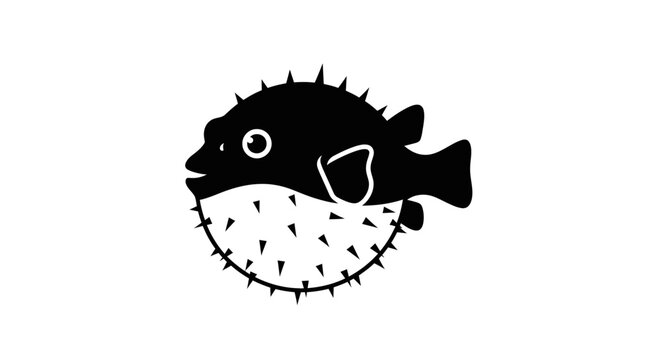 Black and white pufferfish silhouette with spikes with sea creature wildlife seafood prickly marine animal finned ocean