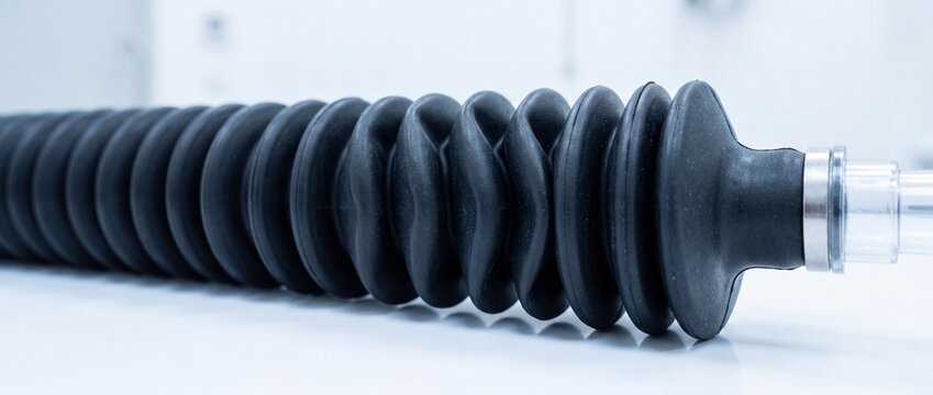 Black rubber bellows protective dust cover tube sleeve used for machinery shafts and automotive steering rack components in industrial manufacturing setting.