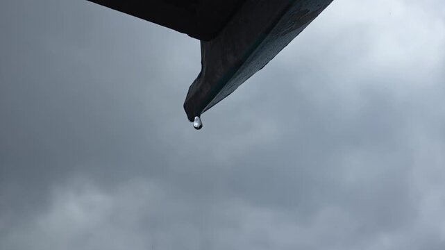 Formation and fall of a water drop. 
Water flows off an object like a drop and falls downward.
