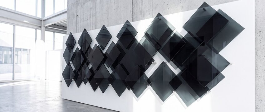 Decorative wall installation featuring overlapping dark square glass panels mounted on white background for contemporary interior architecture and gallery design.
