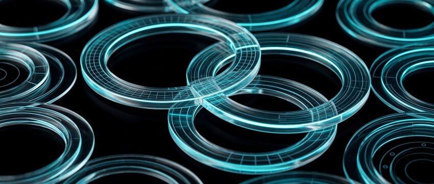 Interconnected glowing blue holographic digital circles floating in dark virtual space representing futuristic network data communication connectivity concept.