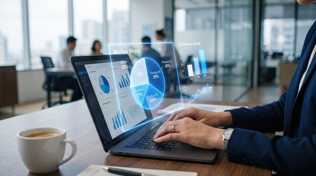 Businesswoman analyzing futuristic hologram data charts on laptop screen, market share pie graph and revenue growth bar chart visualization, digital technology, financial analysis