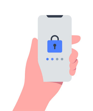 Minimalist flat illustration of a hand holding a smartphone with a blue padlock icon on the screen, symbolizing mobile security, privacy protection, secure access, and digital authentication.