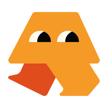 Minimal abstract geometric illustration of a stylized face built from bold orange, yellow, black, and cream shapes, creating a playful contemporary character with a modern editorial and graphic design