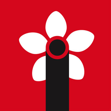 Bold minimalist illustration combining a stylized human figure with a large flower motif in red, white, and black, creating a symbolic visual about growth, identity, transformation, nature, and person