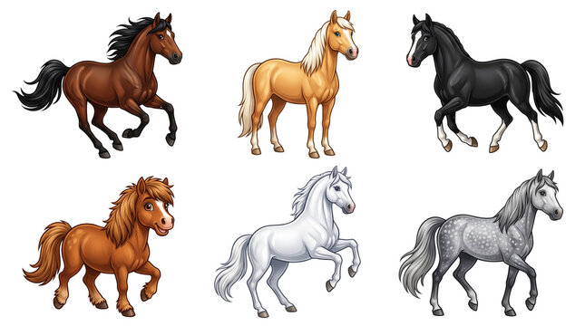 Realistic horse illustrations set, collection of six diverse horse breeds and colors, equine animal characters for design