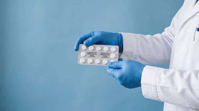 Close up of doctor or pharmacist hands wearing blue medical gloves holding a blister pack of Amoxicillin antibiotic tablets against a clean blue, representing healthcare, pharmacy
