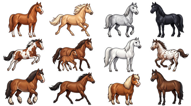 Horse collection with 12 diverse breeds, illustrated equine set in various poses, realistic horse characters for equestrian design