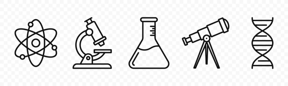 flat vector illustration line art icon bundle set design showcasing scientific chemistry tools microscopes and biology lab equipment for educational university website