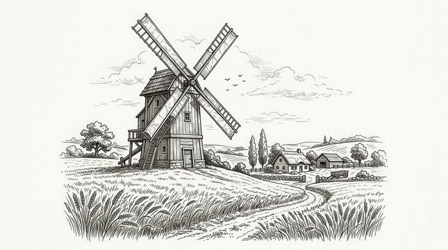 Old wooden windmill in a rural landscape