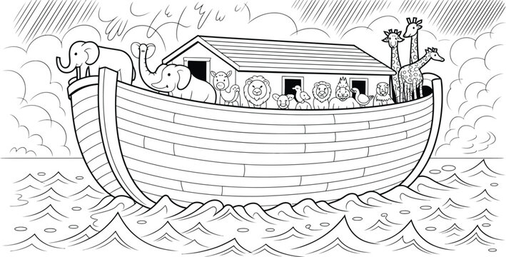 Noah's Ark Coloring Pages, Vintage Line Art Illustration, Biblical Story, Animals on Boat, Old Fashioned Etching Sketch, Cartoon Vector, Religious Activity Pages For Kids, Black And White Drawing