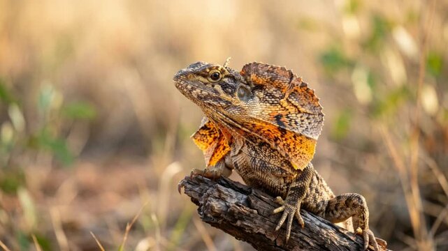 frilled lizard close up in northern australia tropical woodland morning light video