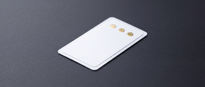 White smart key card featuring three metallic contact points lies on dark textured surface providing secure proximity access control for modern building security.