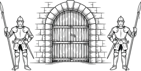 Naklejka premium Hand-drawn medieval knight guarding stone gate vector illustration. Sketch of armored warrior with halberd and sword. Fortress door clip art for coloring pages, heraldry, and historical designs.