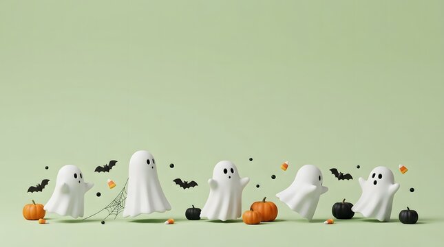 Cute little ghost figures with tiny pumpkins and bats arranged on a soft green background for halloween celebration