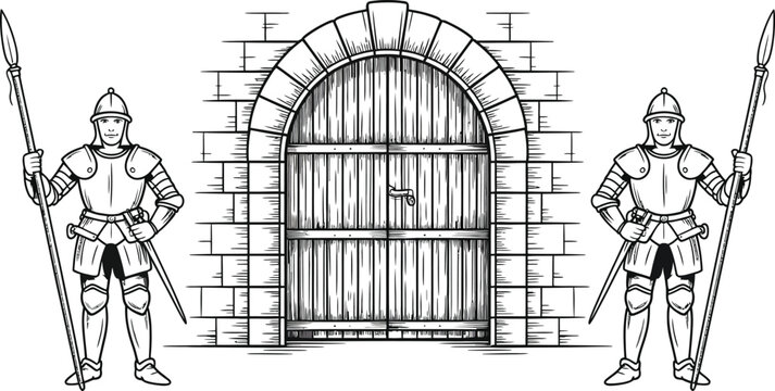 Hand-drawn medieval knight guarding stone gate vector illustration. Sketch of armored warrior with halberd and sword. Fortress door clip art for coloring pages, heraldry, and historical designs.