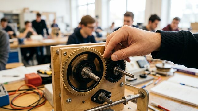 Engineering student adjusting gears in workshop