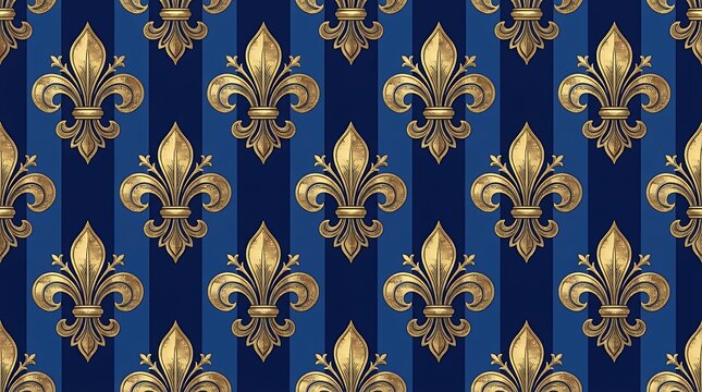Elegant Royal Gold Heraldic Fleur De Lis Pattern on Imperial Blue Striped Backdrop Vintage luxury gold motif seamless pattern design featuring three tone regal blue stripes classic royal heraldry