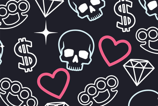 Dark seamless pattern featuring doodle-style outlines of human skulls, pink hearts, brass knuckles, dollar signs, and diamonds.
