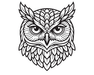 Fototapeta premium Owl head graphic features detailed black linework.