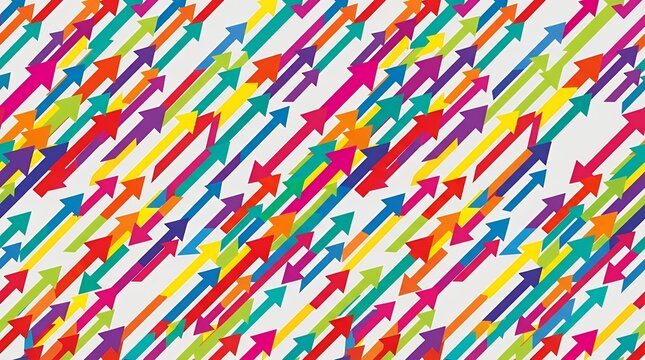Vibrant Multi Colored Overlapping Diagonal Arrow PathwayPattern Displayed on Clean Neutral Setting arrow diagonal pathway colorful overlapping direction abstractdesign graphic pattern