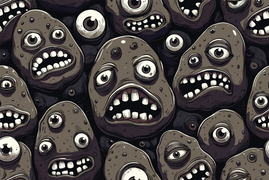 Grotesque and funny seamless pattern consists of numerous multi-eyed brown lumpy monsters with their mouths open in surprise.