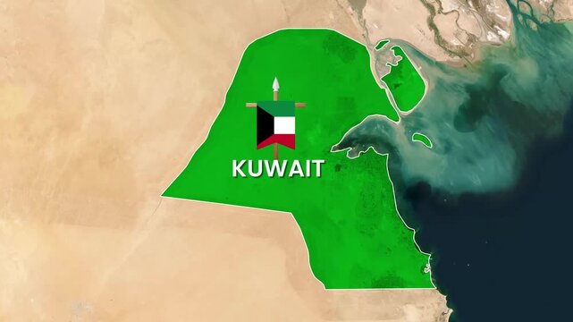 Kuwait national flag animation overlaying geographic satellite map video footage