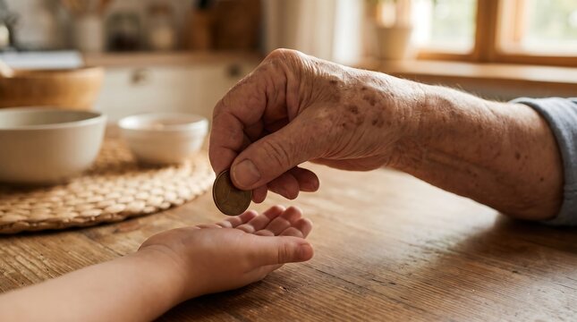 Elderly person giving a coin to a child hand, intergenerational support and savings concept