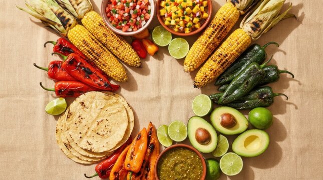 Flat lay of grilled corn tortillas chili peppers avocados limes and fresh salsa on table.
