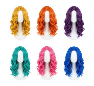 Set of six colorful wavy synthetic wigs on mannequin heads isolated on transparent background