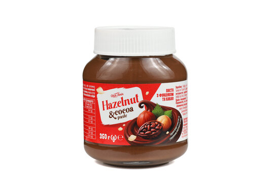 LVIV, UKRAINE - August 17, 2026: Hazelnut and cocoa paste in a glass jar