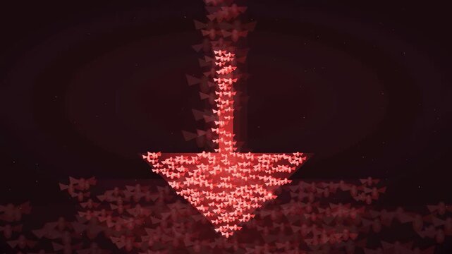 Abstract red arrow formed by many small particles moving downwards on dark background
