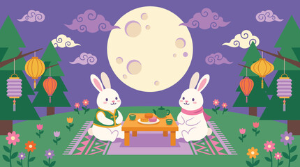 Fototapeta premium Celebrating the mid autumn festival a whimsical scene of rabbits mooncakes and lanterns under the radiant full moon's glow