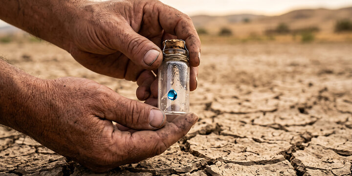 Hands holding small glass vial with blue water droplet inside over dry cracked earth background symbolizing scarce resource conservation and hope.