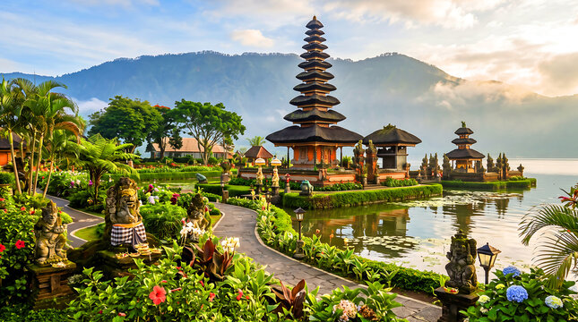 Exquisite Balinese-style temple gardens and architecture with no people around