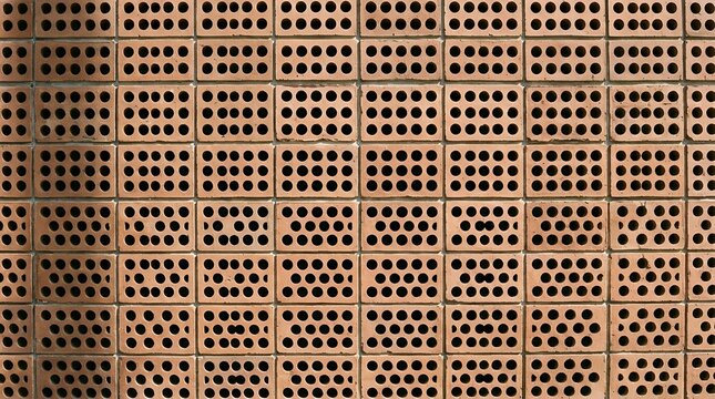 Stacked Terracotta Airflow Ventilation Bricks Wall Texture Featuring Uniform Circular Holes and Geometric Modular Architecture Grid Pattern Background terracotta brick clay ventilation perforated