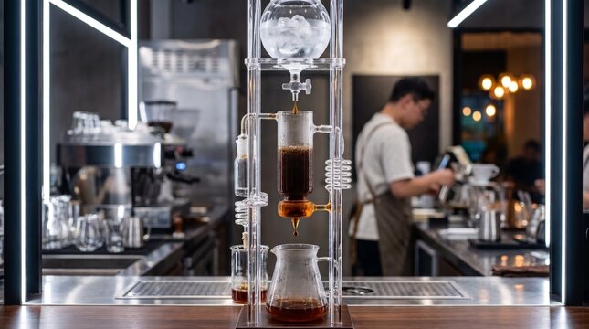 A cold drip coffee maker in a stylish cafe with a barista working in the background. Concept highlights International Coffee Day, cafe culture, and innovative brewing techniques. Generative AI.