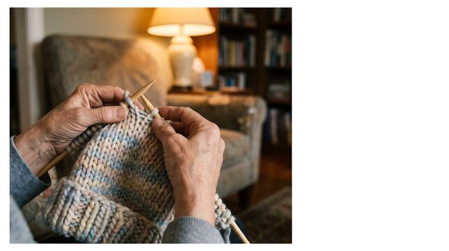 Senior woman hands knitting a colorful wool hat in a cozy home living room setting.