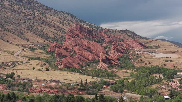 View of Red Rock amphitheatre drone video Denver 4K