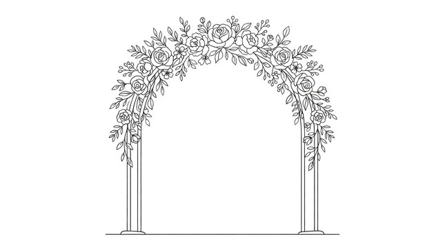 Minimalist floral wedding arch line art, elegant rose flower gate illustration, botanical garden ceremony entrance sketch isolated PNG with Transparent Background