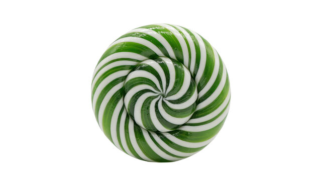 Round green and white striped hard candy swirl with a glossy finish isolated on a transparent background