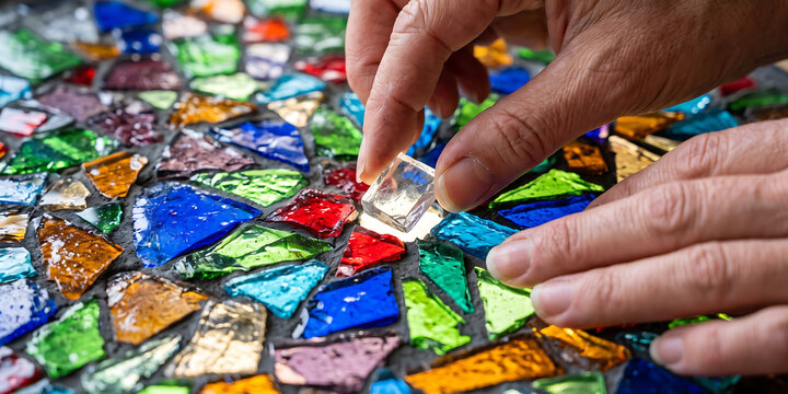Hands placing clear glass tile into colorful stained mosaic design pattern representing meticulous craftwork and creative hobby artistic process.